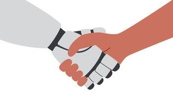 Technology concept. Handshake. AI concept. Robots and human hands greeting each other isolated on white background. The concept of human-artificial intelligence interaction. vector