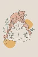 A girl is sitting with a cat on her head, reading a book vector