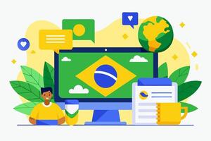 A man is using a computer with a brazilian flag as the wallpaper vector