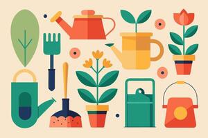 Illustration of gardening tools and potted plants in a simplistic design vector