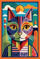 A colorful painting of a cat with a sun in the background for cat day vector