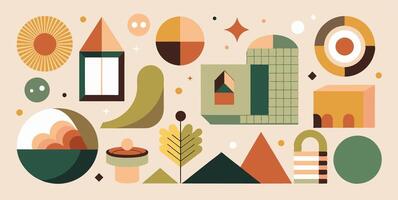 A collection of geometric shapes and objects set against a beige background vector