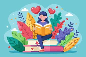 A woman is seated on a pile of books, engrossed in reading a book vector