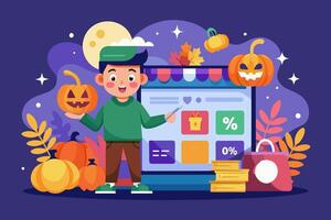 A boy with a pumpkin in front of a computer screen vector