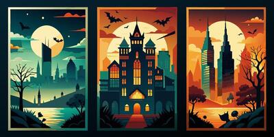 The collection includes three posters featuring castles and bats vector