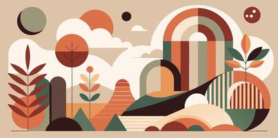 A landscape with trees, mountains, clouds, and a rainbow vector