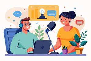 Engaging podcast interview scene with hosts discussing ideas in a creative studio setting vector