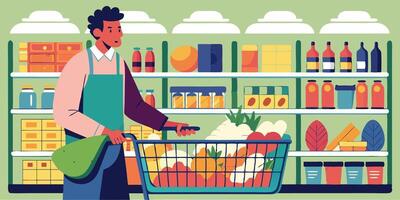 Man shopping for fresh produce in a supermarket aisle vector