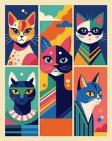The painting shows assorted cats with varying facial expressions and colors vector