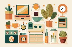 A collection of household items and plants in a simplistic design vector