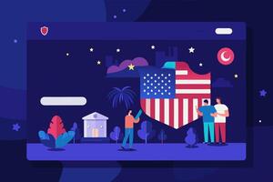 A group of people posing in front of an American flag at an event vector