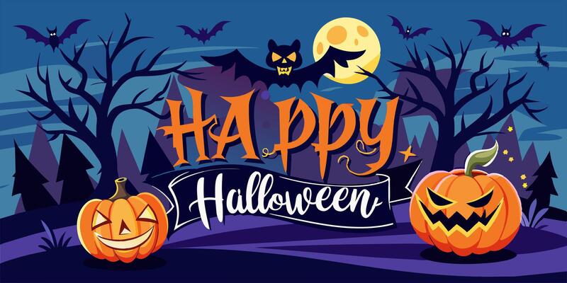 A festive Halloween banner showcases pumpkins, bats, and trees