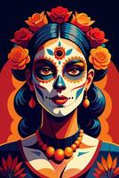 A celebration of the Day of the Dead featuring a woman with face paint and adorned with flowers vector