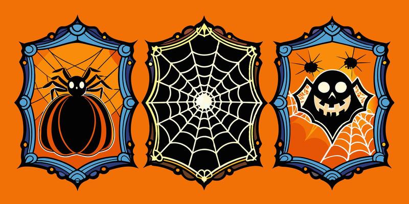 Halloween frames with spiders, pumpkins, and spider webs