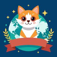 A cat sits atop a globe with a ribbon around it, a creative illustration vector