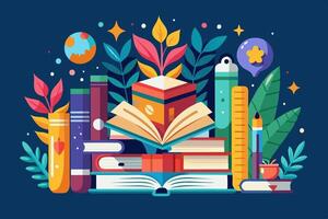 A stack of books is placed on a blue surface in the background vector