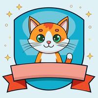 A cartoon cat with a smiling face sits inside a shield decorated with a ribbon vector