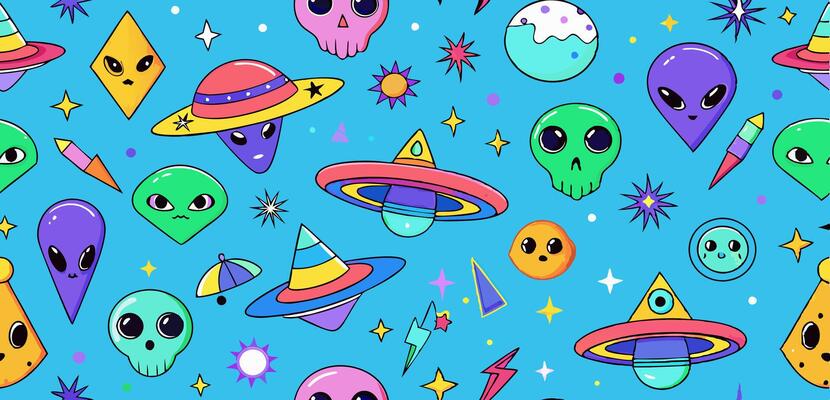 Colorful alien and ufo themed seamless pattern for decorative design