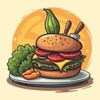 A hamburger with vegetables and lettuce on a plate vector