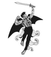 Draped in darkness, a formidable winged knight with a defined physique is captured in a dynamic moment, his hand extended towards a sword. The image evokes the mystique of the Templar Knights. vector