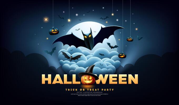 Happy Halloween message design, bats flying on cloud and full moon, pumpkin, star banner on dark blue background