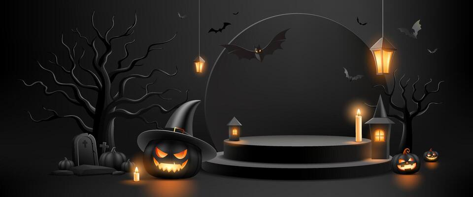 Happy Halloween black podium, Spooky trees and glowing pumpkins and bat flying, Light from lamps and candles, banner design