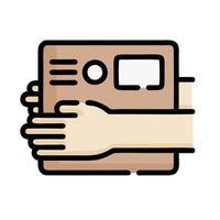 Hand holding a box icon on white background vector