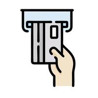 A hand holding a credit card in front of a machine vector