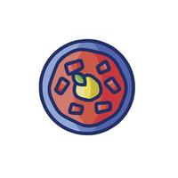 A red and blue plate with a slice of fruit on it vector