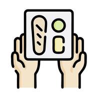 Hands holding a tray with food items vector