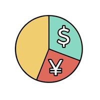 A pie chart with dollar, yen and yuan symbols vector