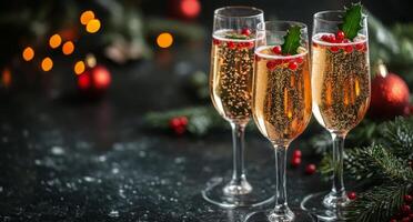Elegant Christmas champagne with berries and holly in glasses on festive table setting photo