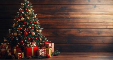 Festively decorated Christmas tree with presents under the branches in a rustic wooden setting photo