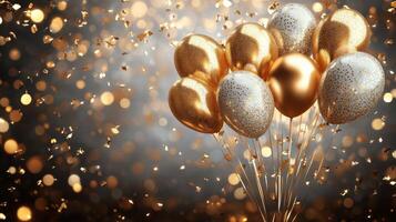 Golden balloons suspended in mid-air with sparkling confetti falling during a festive celebration photo