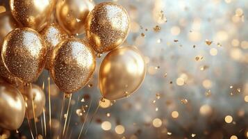 Golden balloons suspended in mid-air with sparkling confetti falling during a festive celebration photo