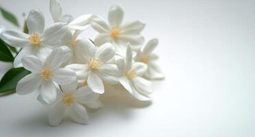 Delicate white flowers scattered artfully on a soft background under gentle lighting photo