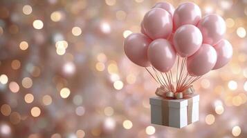 A beautifully wrapped gift box with pink balloons on a festive table setting during a celebration photo