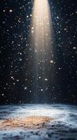 Mysterious beams of light shining through a dark, starry sky with swirling clouds below photo