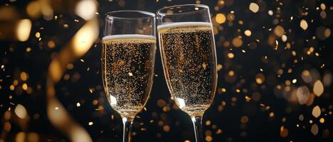 Celebration with champagne flutes and sparkling confetti at a party event photo