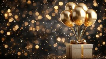 Elegant gift box adorned with golden balloons against a sparkling background for a festive occasion photo