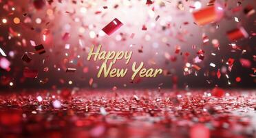 Festive red ornament with Happy New Year message surrounded by colorful decorations and lights photo