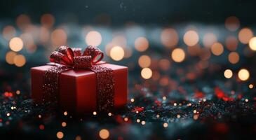 A beautifully wrapped red gift box placed on a sparkling surface with festive lights surrounding it photo