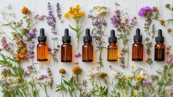 Herbal essential oils arranged with wildflowers on light wooden surface in natural light photo
