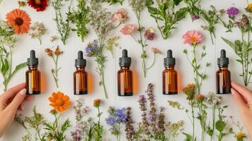 Herbal essential oils arranged with wildflowers on light wooden surface in natural light photo