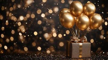 Elegant gift box adorned with golden balloons against a sparkling background for a festive occasion photo
