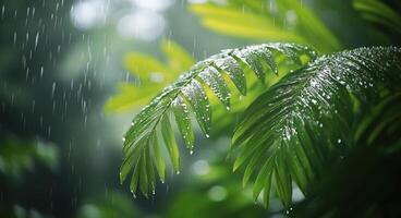 Rain falling on lush green palm leaves in a tropical forest during a serene afternoon photo
