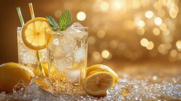 Refreshing lemon cocktail garnished with mint and lemon slices in a sunny outdoor setting photo