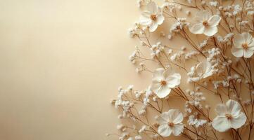 Elegant arrangement of white flowers and delicate branches on soft beige background photo