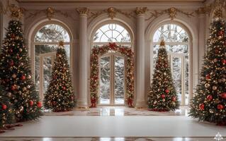 Elegant winter holiday decor in an ornate room with decorated Christmas trees and snowy views photo