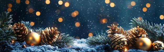Snow-covered table adorned with golden ornaments and pinecones during winter holidays photo